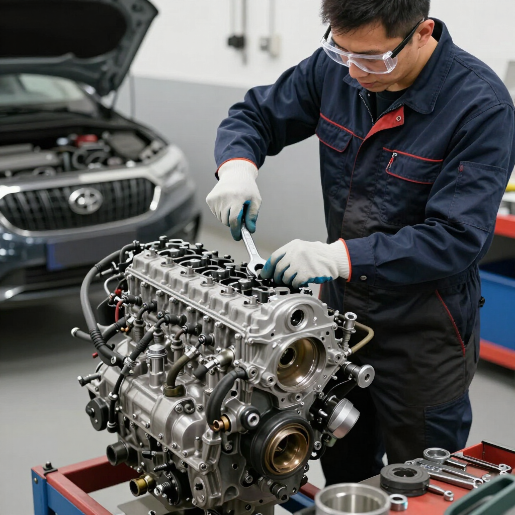 Mechanic in blue coveralls works on a car engine in an auto repair shop.