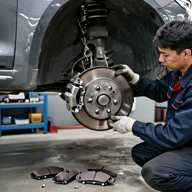 Mechanic installing brake pads on a car’s front wheel hub in a garage, with tools and old pads on the floor