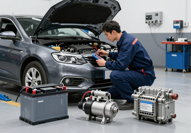 Mechanic inspecting a gray car in a garage, with an EV battery and motor parts in the foreground