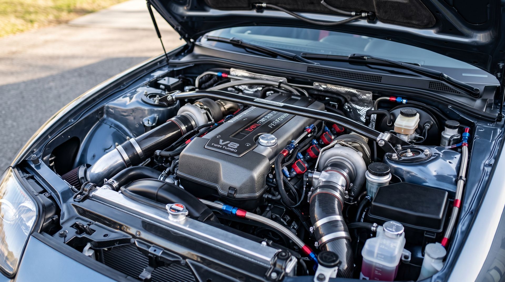 Close-up of a car engine bay with the hood open, showing polished intake pipes and custom parts.