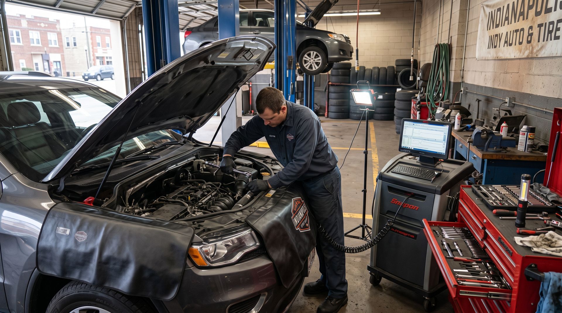 Mechanic working under a car’s open hood in an auto repair shop with tools and equipment nearby