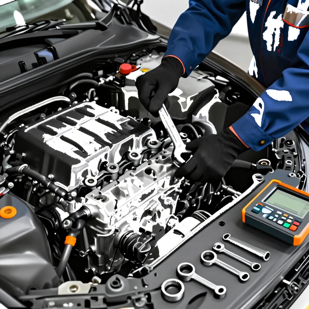 Mechanic tightening engine bolts in a car bay, with tools laid out on the fender.