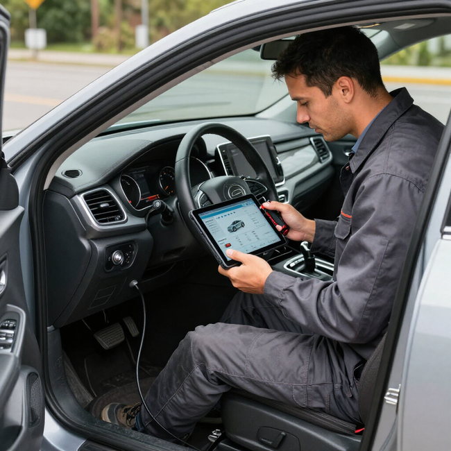 Driver seated in car using a tablet on the front passenger seat, likely for vehicle diagnostics