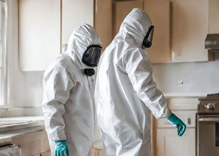 a man in a protective suit and gas mask is standing on a balcony removing asbestos