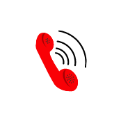 A red telephone receiver with waves coming out of it on a white background.
