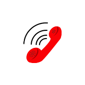 A red telephone receiver with a wave coming out of it on a white background.