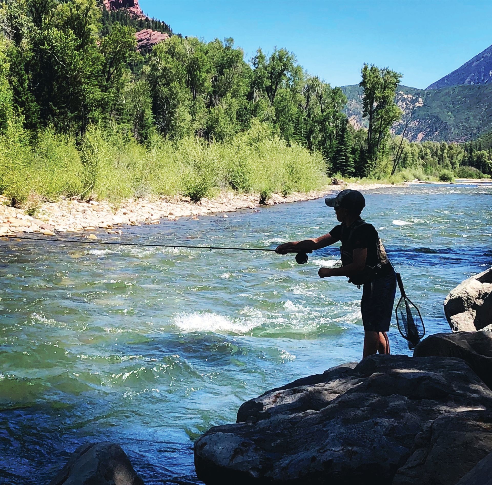 A person fly-fishing in a sunlit river, standing on rocky ground with lush green trees and mountains in the background in roaring fork colorado