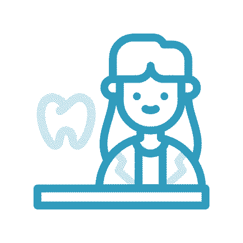 Dentist at desk with tooth icon.