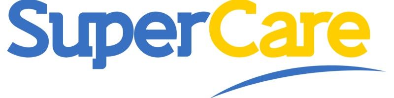 The logo for SuperCare; blue text, 