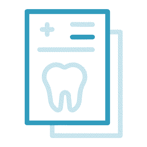Dental record with a tooth illustration, teal outline.