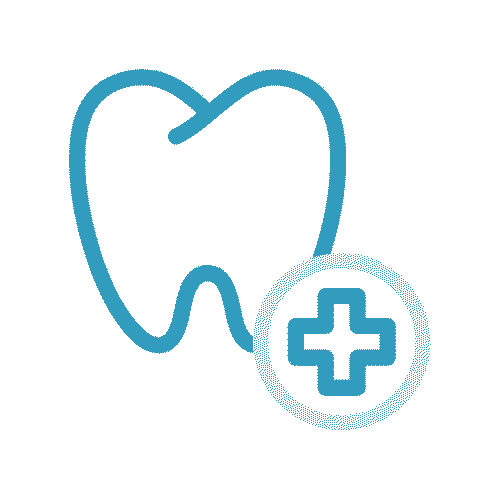 Blue tooth icon with a plus sign, representing dental care.