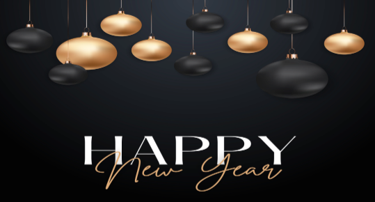 A happy new year greeting card with black and gold Christmas balls hanging from the ceiling.