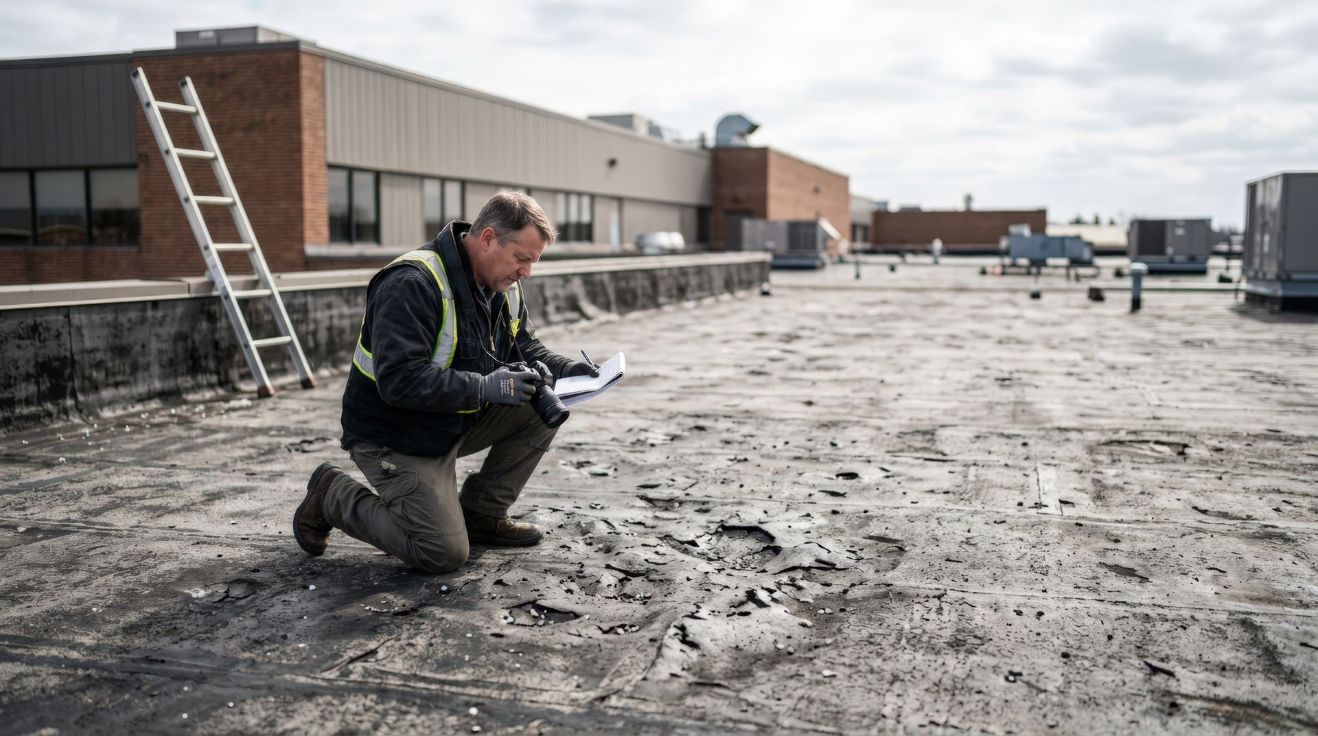Medium shot showing an adjuster assessing hail damage on a flat commercial roof concentrated.