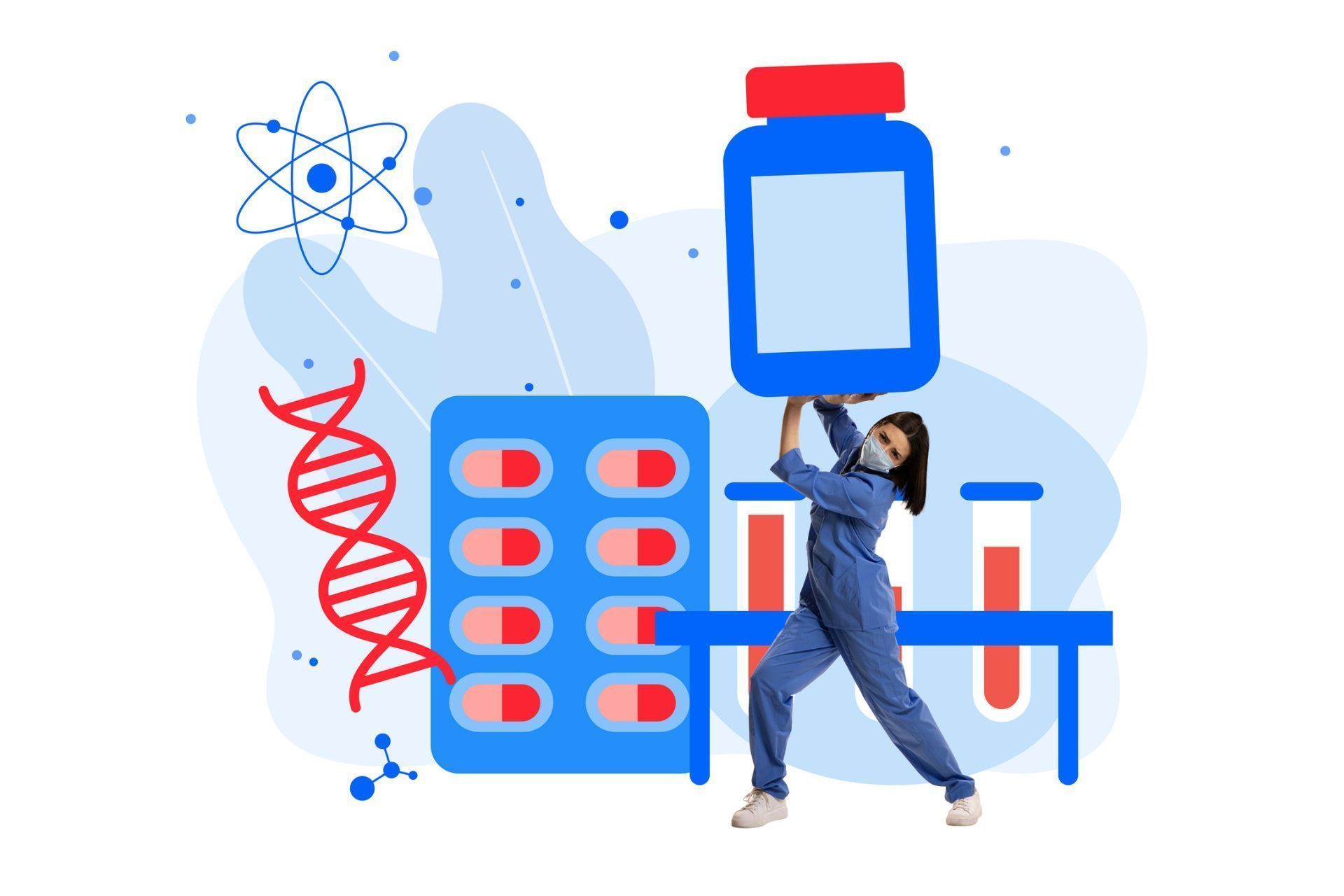 Scientist holding large medicine bottle, with pills, test tubes, atom, and DNA helix on blue background.