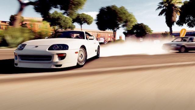 A white sports car is driving down a street in a video game.