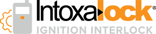 Logo for Intoxalock ignition interlock, featuring a gray handheld device icon and the company name in black and orange.