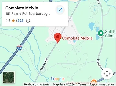 Google Maps screenshot showing the location of Complete Mobile at 181 Payne Rd, Scarborough, with a 4.9-star rating.