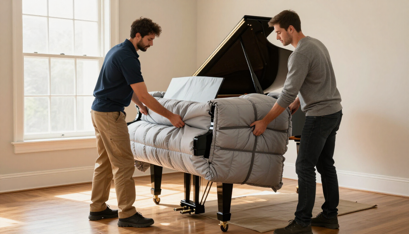 Movers wrapping a grand piano in padded moving blankets