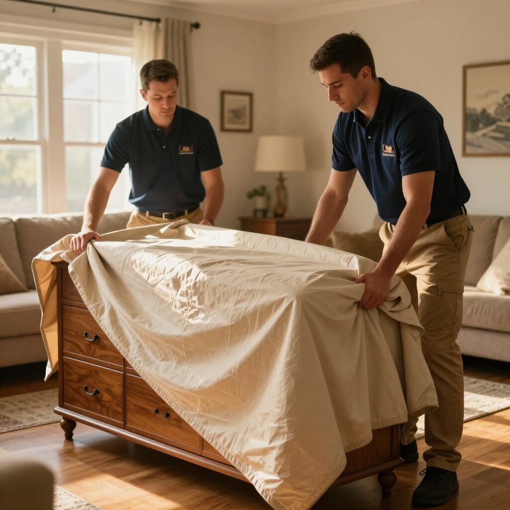 Two movers wrapping a wooden dresser in moving blankets