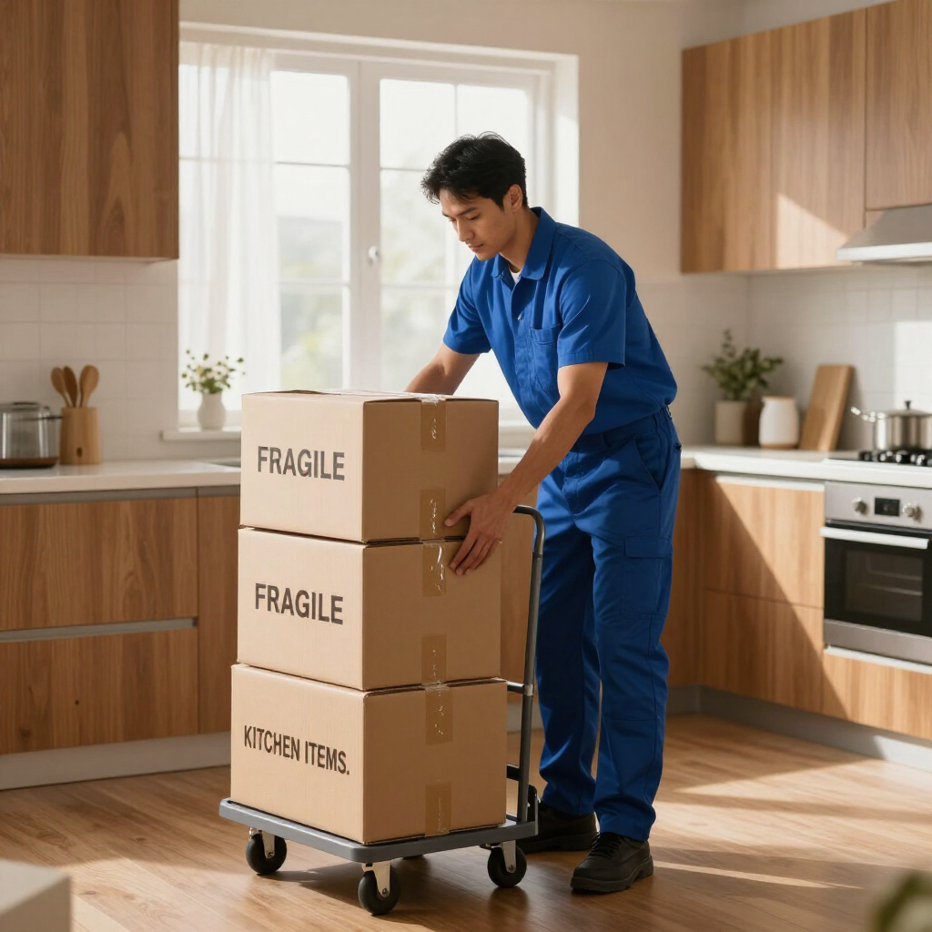 Mover stacking labeled boxes on a dolly in a bright kitchen