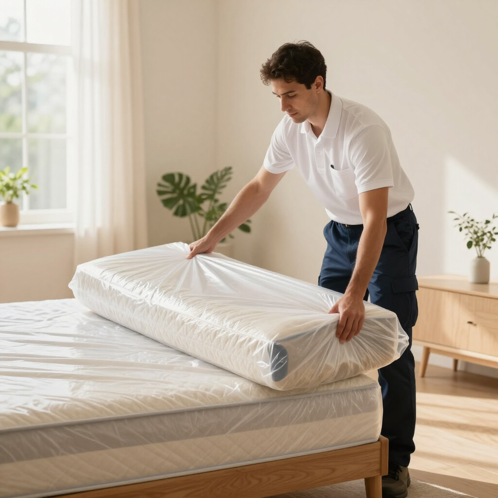 Mover bagging a mattress in a sunlit bedroom