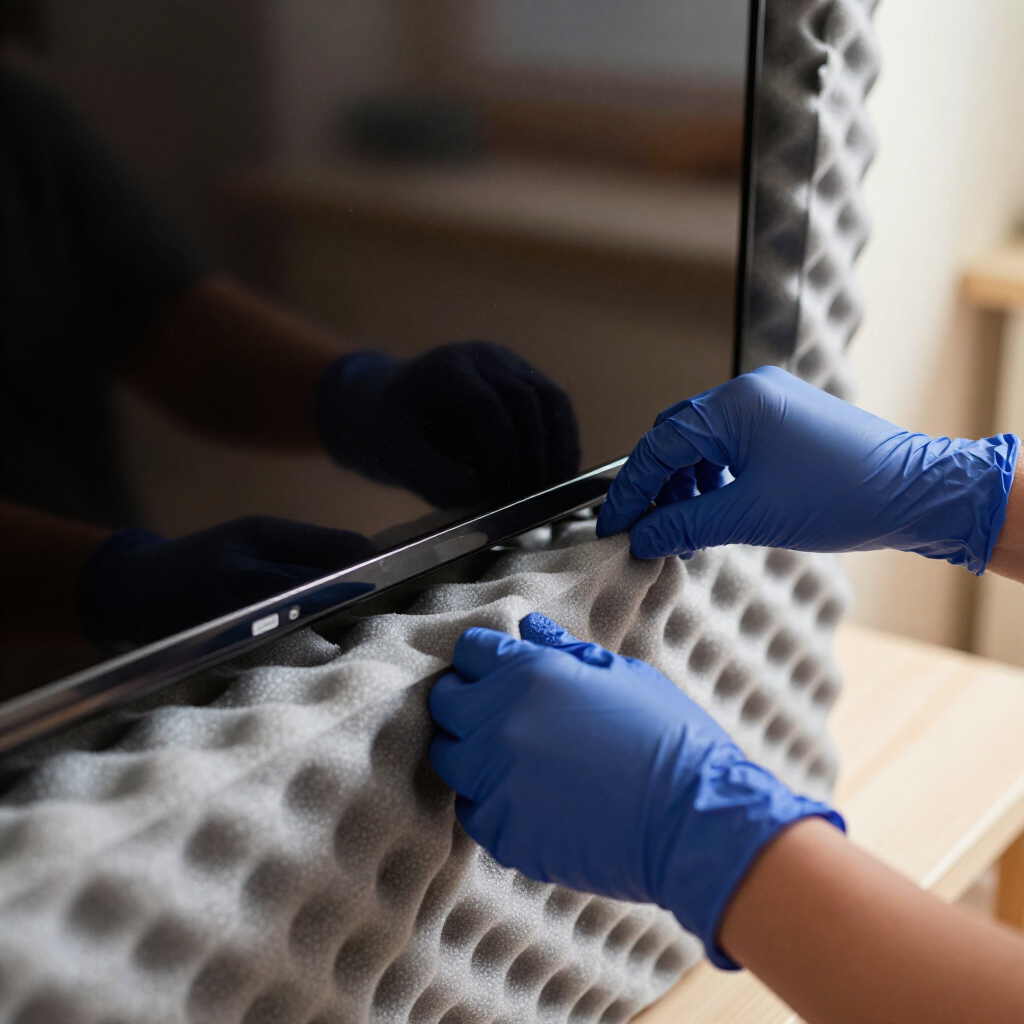 Gloved hands securing a flat-screen TV in foam packaging