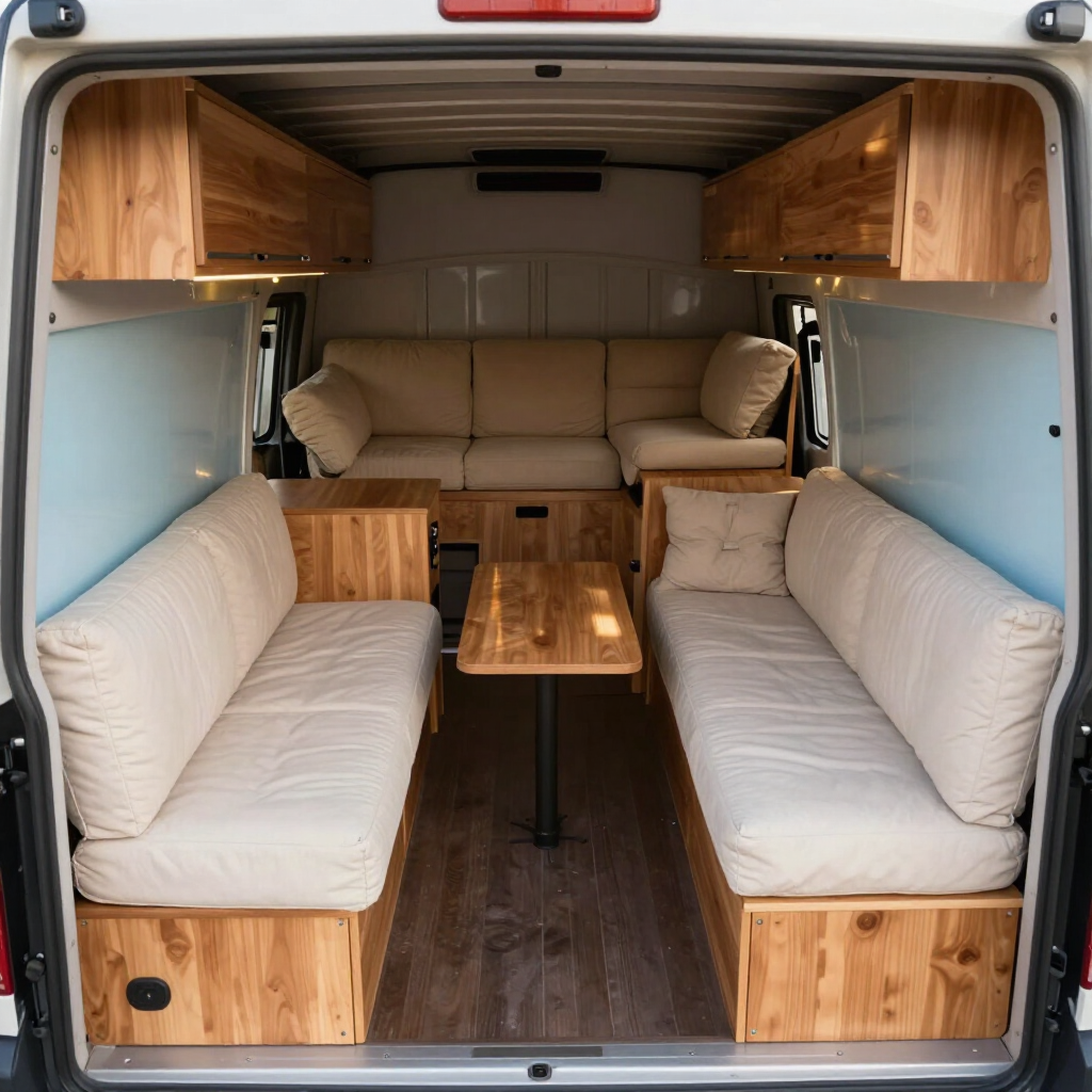 Aerial view of organized truck interior with padded furniture