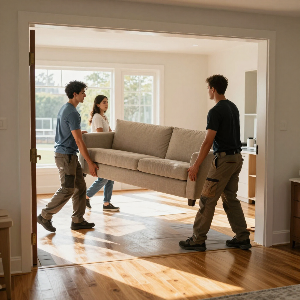 Crew carrying a sectional sofa through the front door with floor runners