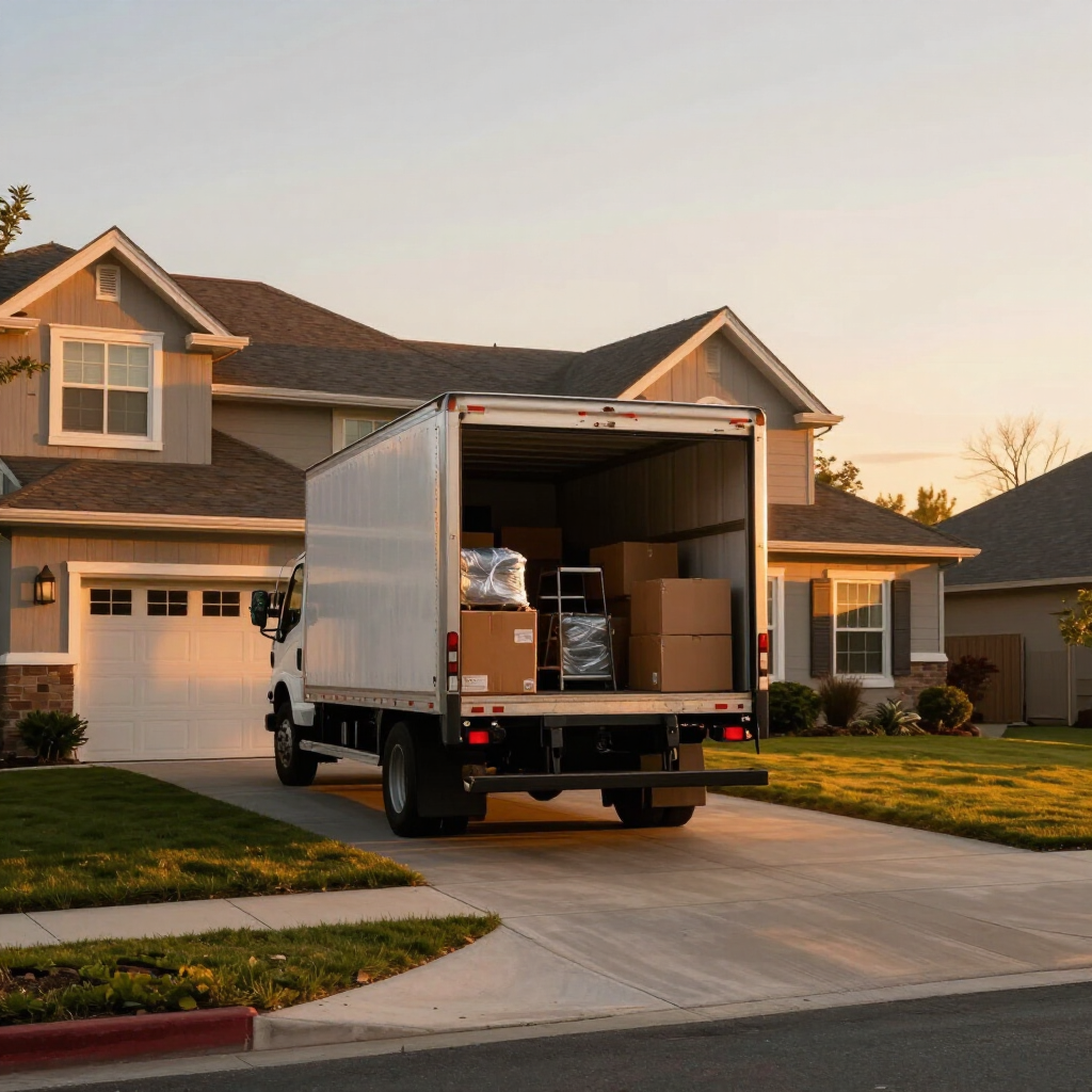 Fully loaded moving truck parked at a suburban home at golden hour