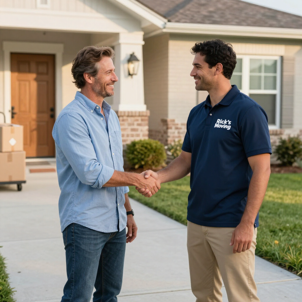 Homeowner shaking hands with a Rick's Moving crew member outside a new home