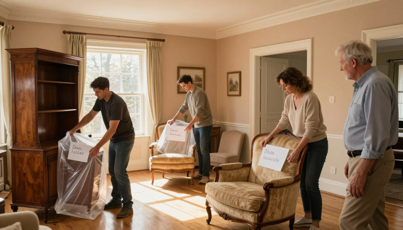 Rick's Moving crew carefully wrapping furniture in a senior's home with family present