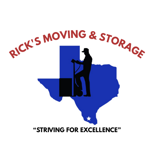Rick’s Moving & Storage logo with blue Texas silhouette and black mover, tagline “Striving for Excellence”
