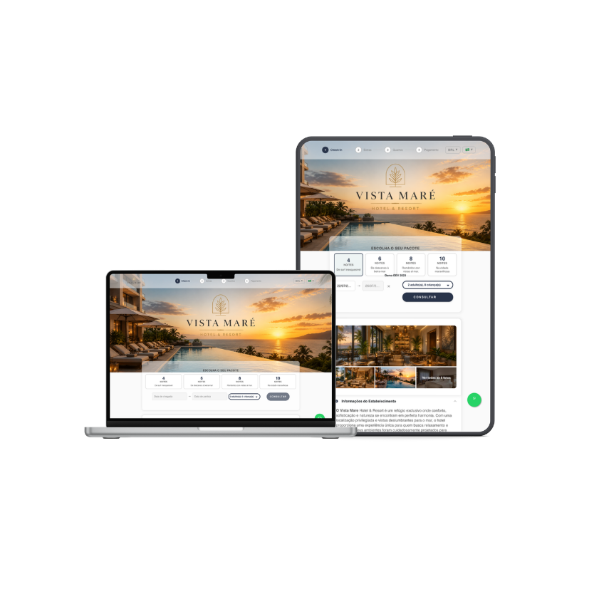 Notebook e tablet exibindo o motor de reservas diretas da HQBeds com o site de reservas personalizado da propriedade.