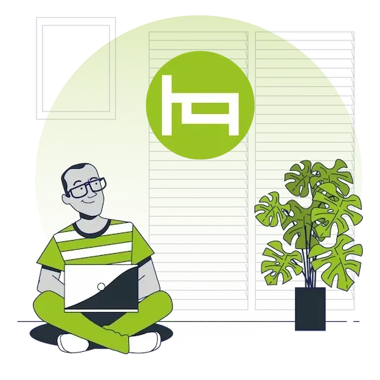 Pessoa sentada de pernas cruzadas com um laptop ao lado de um vaso de planta e um logotipo verde em uma parede clara.