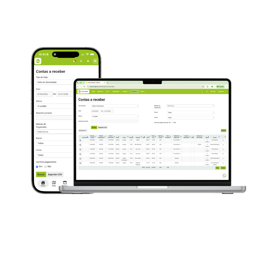 Notebook e celular exibindo a tela de pagamentos da HQBeds com opções de Pix, cartão de crédito e link de cobrança.