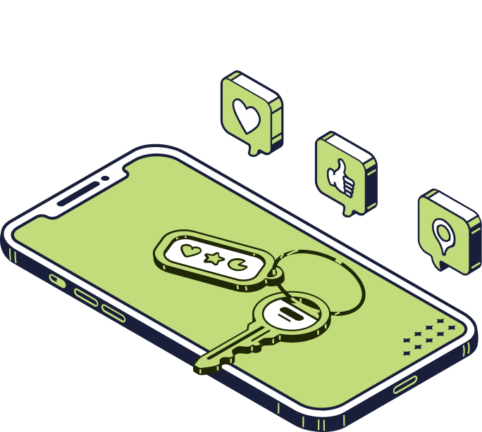 Smartphone verde com ícone de chave e ícones de aplicativos flutuantes, sugerindo segurança ou controle de acesso a aplicativos.