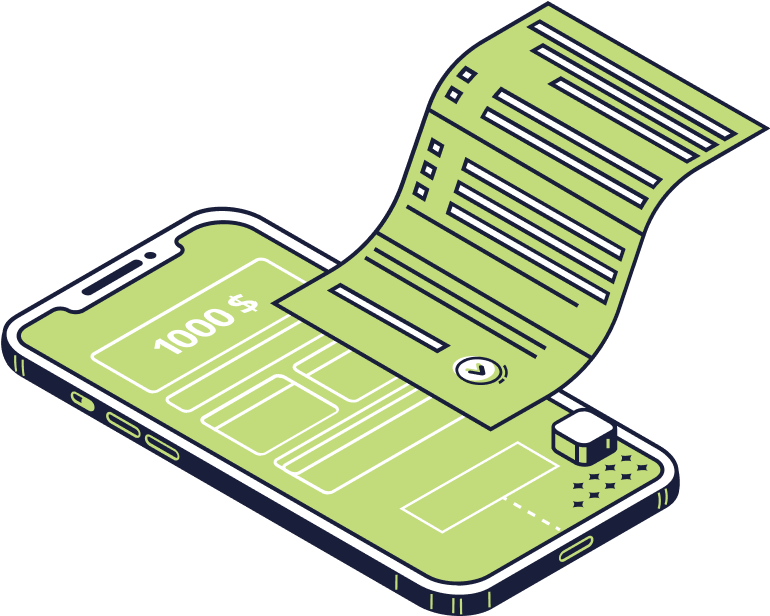Smartphone ilustrado com um formulário semelhante a um recibo de papel emergindo da tela, design verde e branco, com valor em dólares.