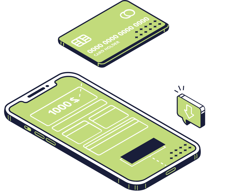 Smartphone estilizado verde exibindo um aplicativo de pagamento, com um cartão flutuante e um ícone de alerta próximo.