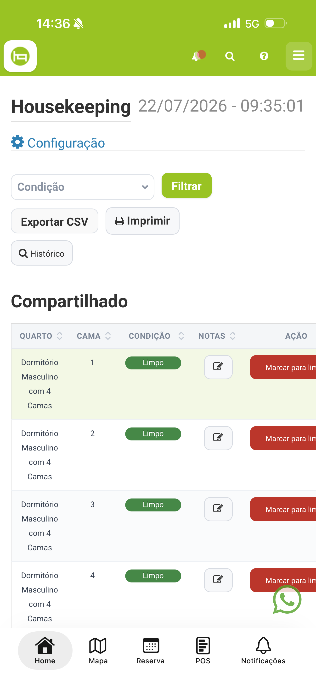App mobile do HQbeds com lista de quartos e status de limpeza para a equipe de governança