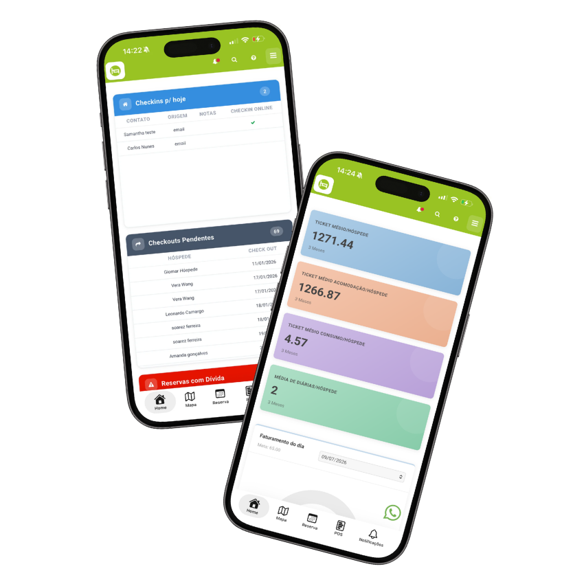 Aplicativo HQBeds aberto em celular, mostrando o mapa de reservas e a operação da propriedade em tempo real.