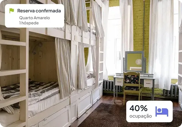 Dormitório com beliches claros e cortinas brancas, com aviso de reserva confirmada e 40% de ocupação.