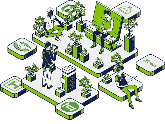 Espaço de trabalho verde isométrico com pessoas usando dispositivos, plantas e grandes ícones de aplicativos em plataformas flutuantes.