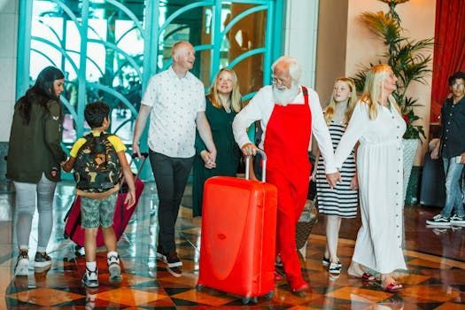 Família chegando a hotel brasileiro durante as férias de julho simbolizando a alta temporada de inverno