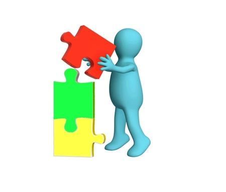 little blue figure with 3 jigsaw puzzle pieces