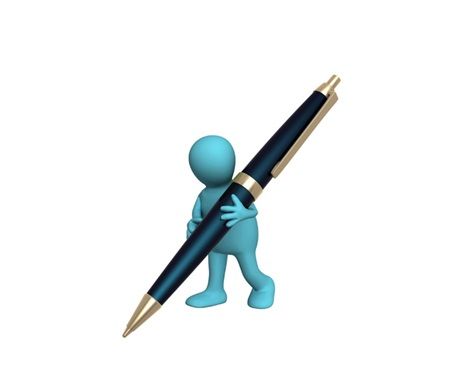 little blue figure holding oversized pen