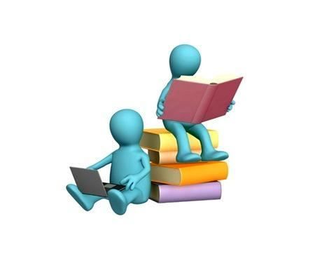 two little blue figures reading books