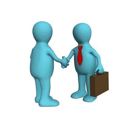 two little blue figures shaking hands