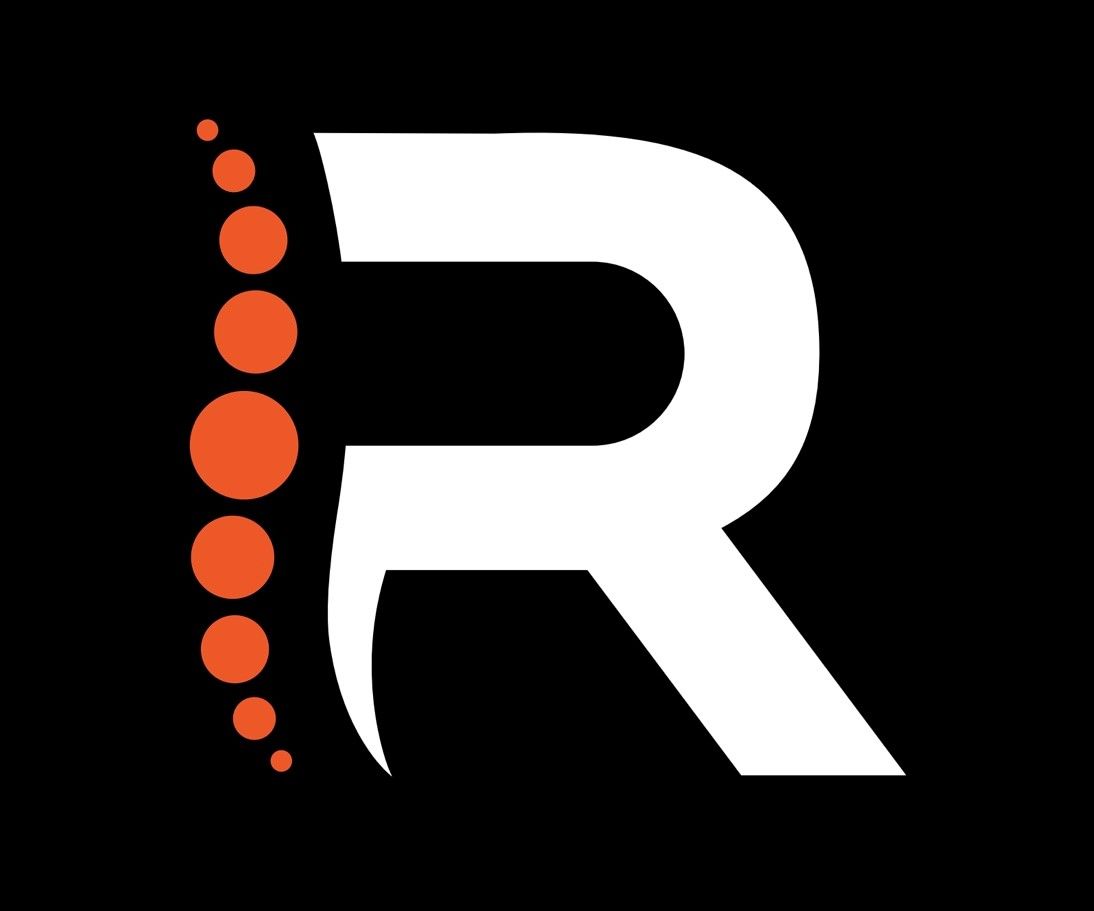 White stylized “R” logo with an orange dotted vertical accent on a black background