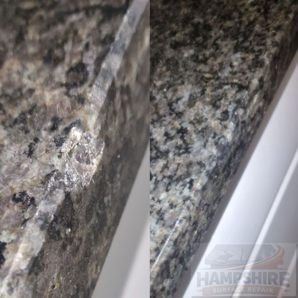 Chipped granite worktop edge being repaired