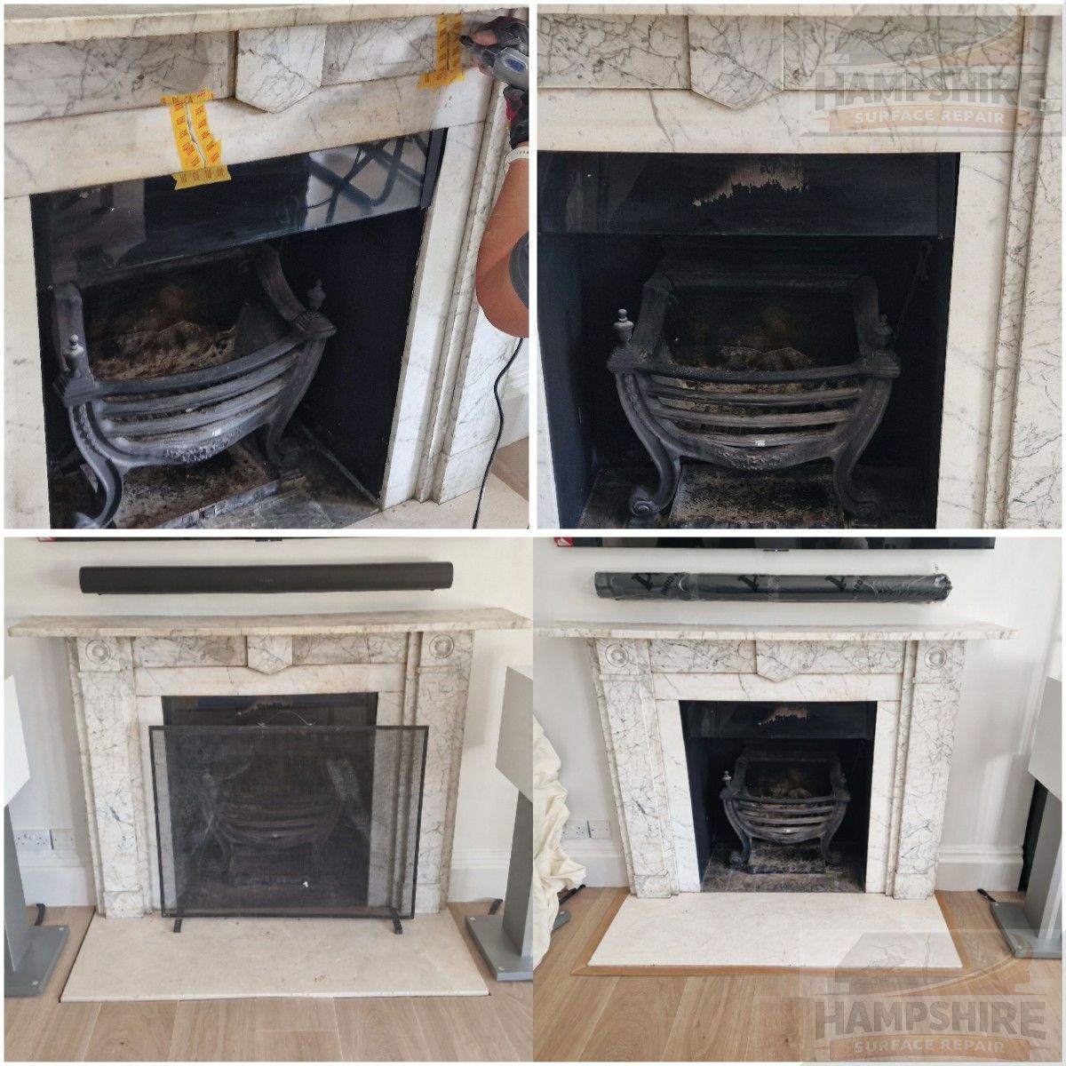 Repaired marble fireplace hearth edge